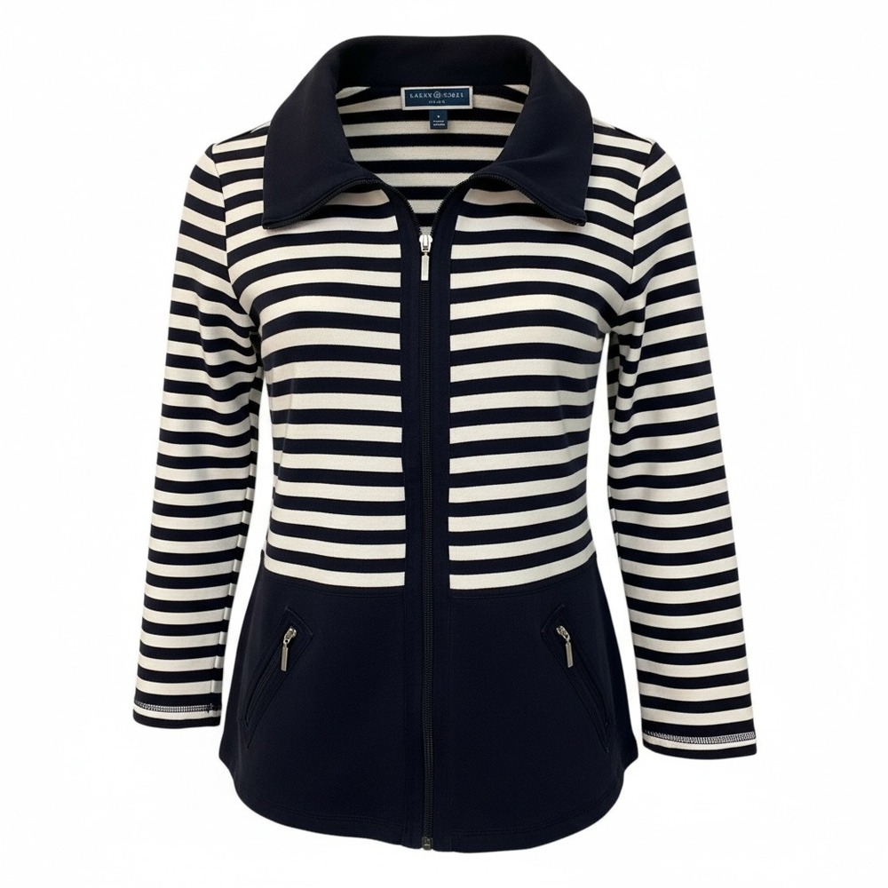 Karen Scott Womens S Full Zip Up Navy Striped Jacket Cotton Nautical Soft Preppy